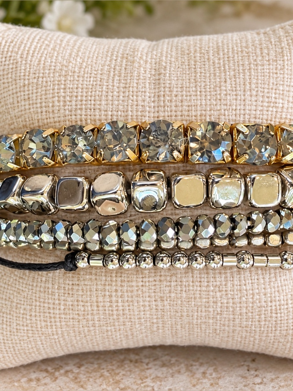 Lot of 5 Silver Tone Rhinestone Crystal Beaded Stackable Bracelets Mixed Styles
